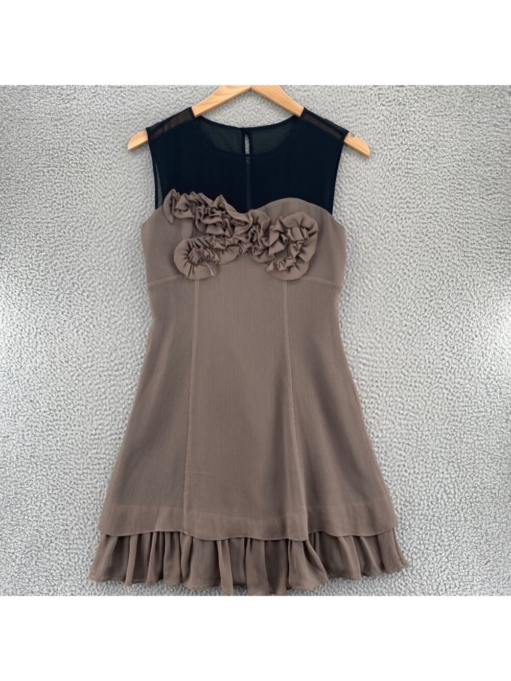 Max & Cleo Dress Women 8 Brown A Line Gauzy Chiffon Frayed Ruffle Hem Sleeveless
